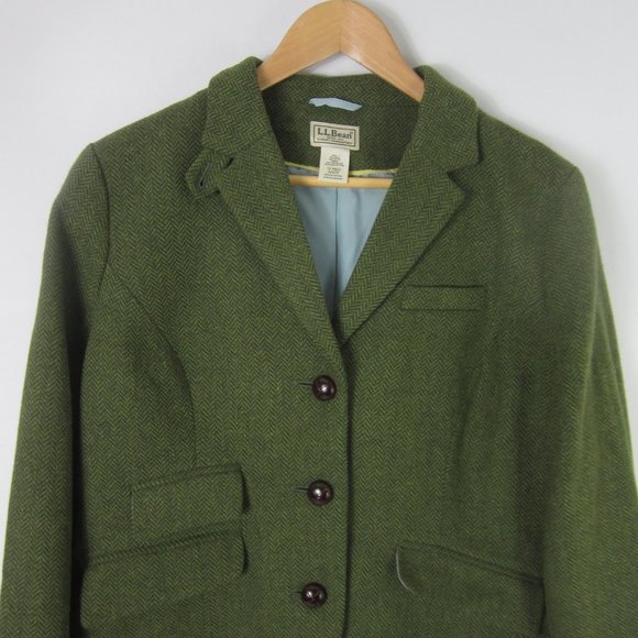 Vintage L.L. Bean Womens 12 Green Herringbone Wool LS Blazer Jacket M Equestrian - Picture 9 of 10